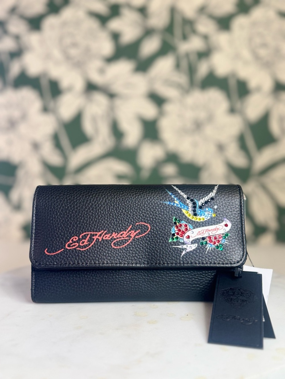 Ed Hardy Black Embroidered Leather Wallet Clutch NWT